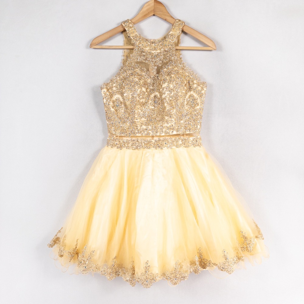 Cindy Collection Mini Dress Sz Small Yellow Lace Rhinestone Formal Homecoming